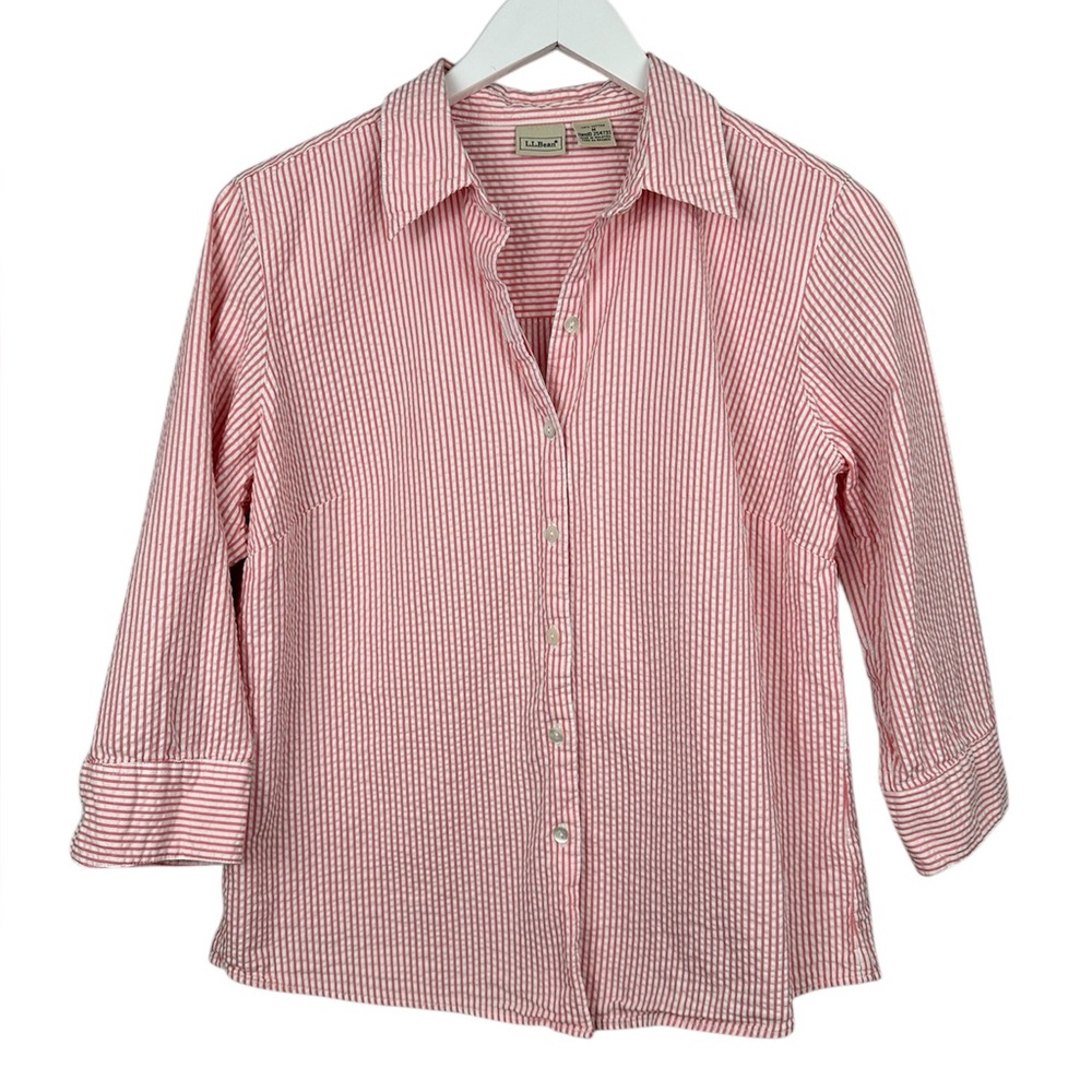 L.L. Bean Pink White Striped 3/4 Sleeve Seersucker Button Down Blouse Top Medium